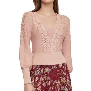 BCBGMaxAzria Bishop Sleeve Cable Knit Textured V-Neck Sweater Open Knit M Blush